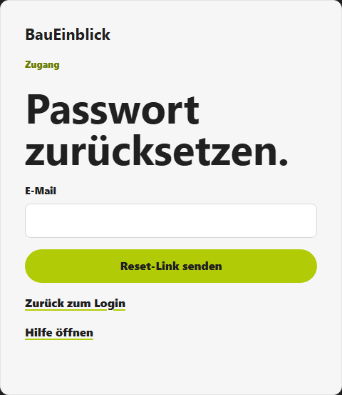 Formular zum Zurücksetzen des Passworts mit E-Mail-Feld und Schaltfläche Reset-Link senden.